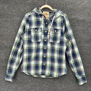 Hollister Button Up Shirt Mens Large Blue Plaid Long Sleeve Pocket Hooded Jacket